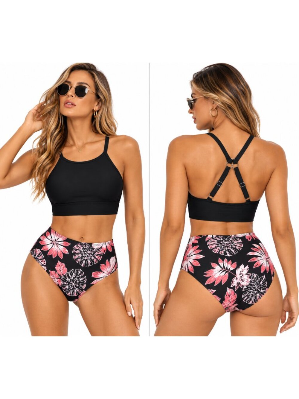 🆕XS Black Tropical Floral High Waisted Bikini NWOT